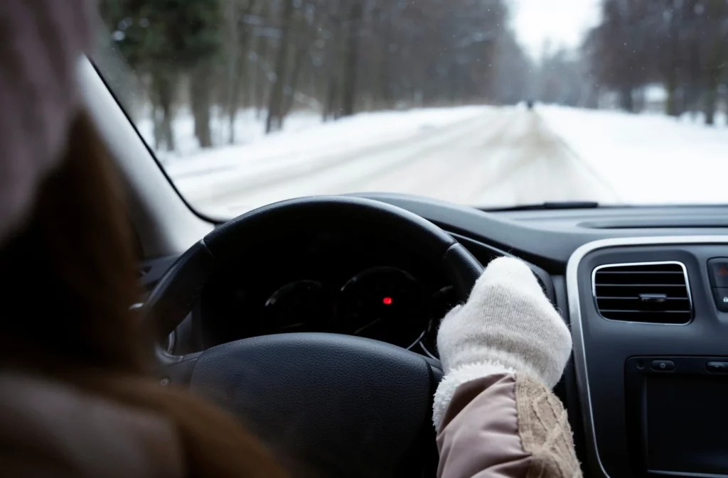 close up woman driving winter season